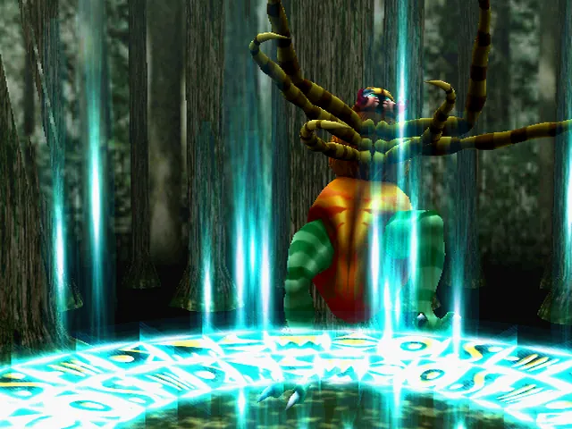 Screenshot of the rewrite: a battle scene in a dark forest, a monster standing inside a glowing cyan circle of light.