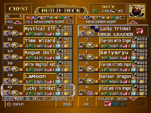 The deck editor: the chest of owned cards on the left and the deck being built on the right, each card listed with its level, attack and defence.