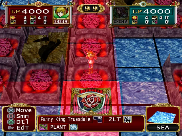 A duel in the rewrite: the player's leader stands in the rose-red home row of the board, with sea tiles to the right, both life point counters at 4000 and the command menu at the bottom left.