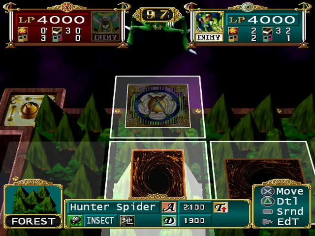 A duel board with a summoned Hunter Spider and face-down cards on a forest board, with the card's attack and defence at the bottom.