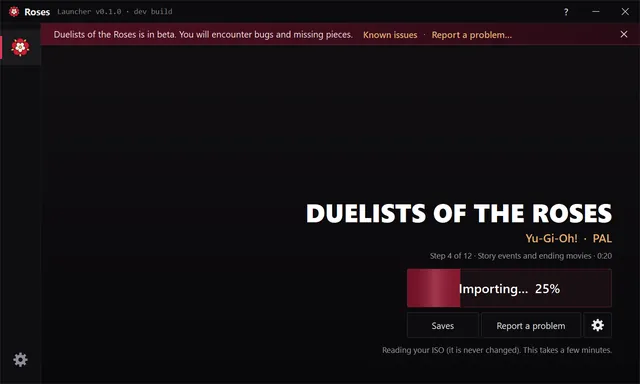 The Windows launcher importing a disc image: a progress bar at 25 percent, with Saves and Report a problem buttons.