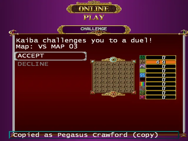 Online Play: a challenge from another player, with Accept and Decline and a preview of the chosen duel map.