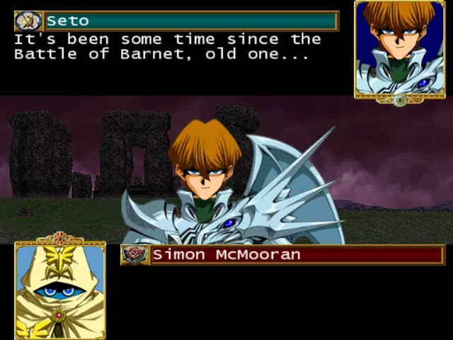 Story scene: Seto speaks to Simon McMooran in front of the stone circle, with both character portraits and the dialogue window.